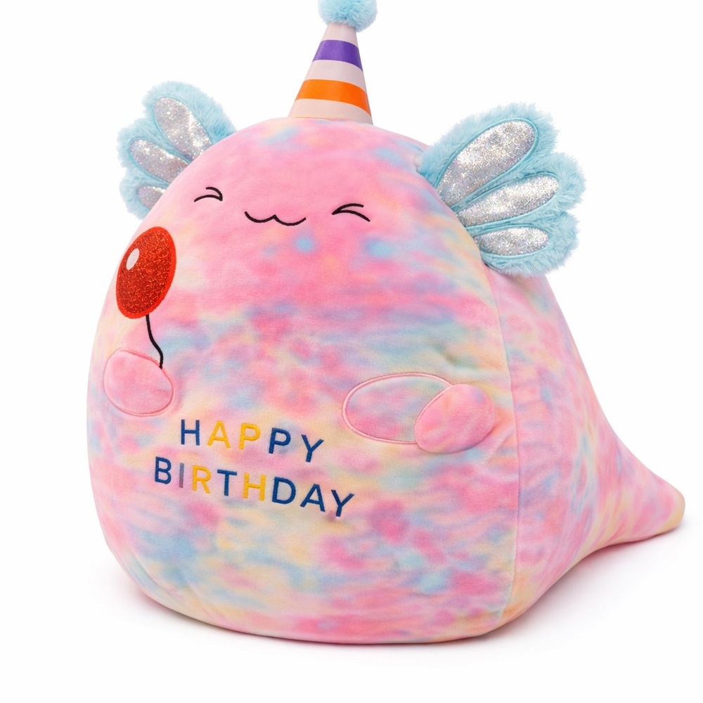 24” Birthday Axolotl Plush Tie-Dye w/ Balloon & Party Hat